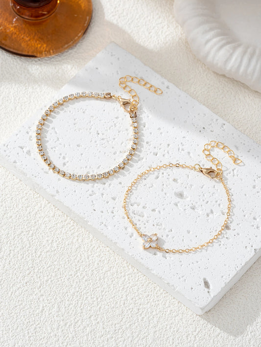 2PCS Delicate Cubic Zirconia Flower Chain Thin Bracelet Bangle Office Ladies Chic Jewelry Gift