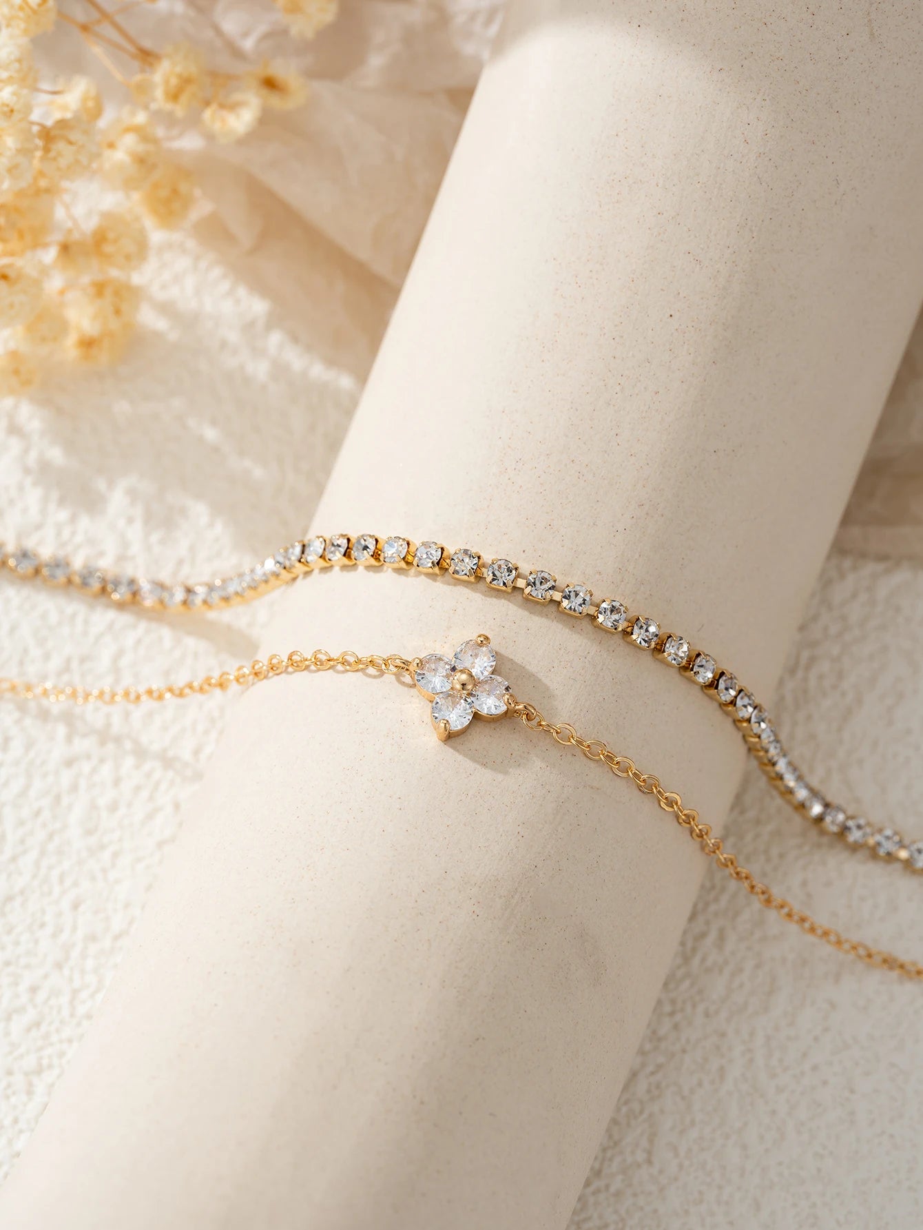 Cubic Zirconia Flower Chain Bracelet Set For Women