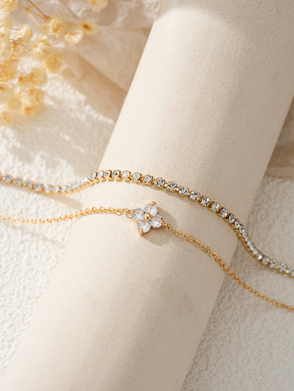 Cubic Zirconia Flower Chain Bracelet Set For Women