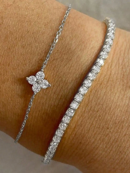 silvery Metal Color Cubic Zirconia Flower Chain Bracelet Set For Women