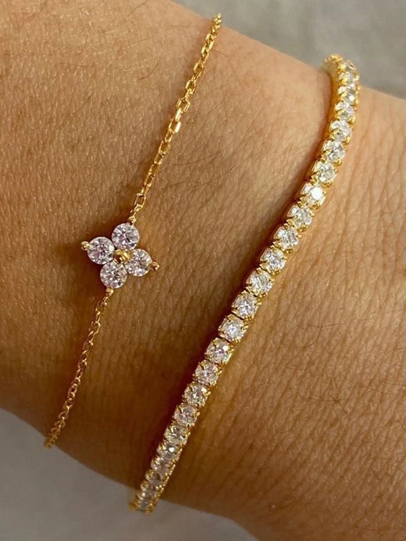 Cubic Zirconia Flower Chain Bracelet Set For Women